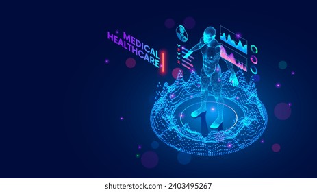 AI-Arzt. Gesundheitsfürsorge der Zukunft. Medizinischer Screening-Patient. Telemedizin. AI diagnostiziert Krankheiten. Futuristische Medizin-Technologie. Infografiken mit Gesundheitsindikatoren des Patienten auf HUD.