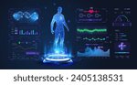 AI doctor. Stage and 3D human hologram with HUD interface. Medical health care of future. Futuristic Human Body Analysis Interface with Holographic Anatomy and Health Data Visualization. Vector