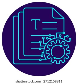 Icono de automatización de documentos de AI. Borde de neón minimalista sobre un fondo redondo azul oscuro. Ilustración vectorial de documentos apilados conectados a un mecanismo de engranaje cíclico. Procesamiento inteligente de documentos