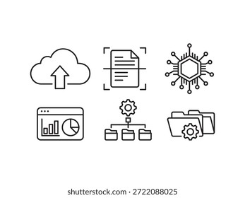 Conjunto de iconos de línea de flujo de trabajo de automatización de documentos de AI: Cargar en la nube, escaneo de OCR, procesamiento de datos, integración de sistemas, análisis de paneles