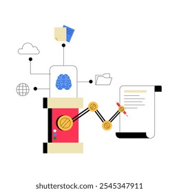 AI Document Processor With Data Visualization And Digital Connections. Flat Vector Illustration About Automation, Machine Learning, And Technology Integration, Isolated On White Background