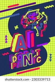 AI, Don't Panic. Artificial Intelligence: 3D Neural Brain Vector Poster.  Featuring a graphic 3D neural brain composed of geometric shapes.