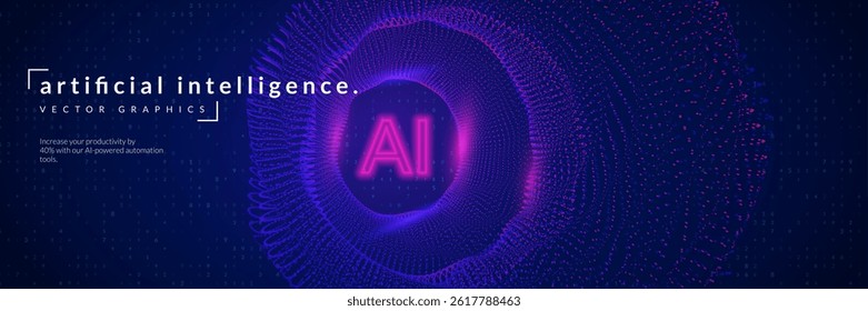 Ai Dots Background. Abstract Tech Bg For Artificial Intelligence And Big Data Concept With Neon Lines, Numbers And Waves. Cyber Security Sphere With Modern Neon Glow Design. Blue Ai Dots Background.