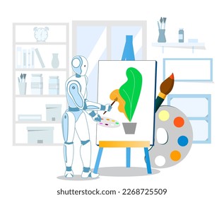 AI drawing to create or generate artwork vector illustration. Cartoon robot painting on canvas easel using paintbrush. Artificial intelligence generated picture image concept
