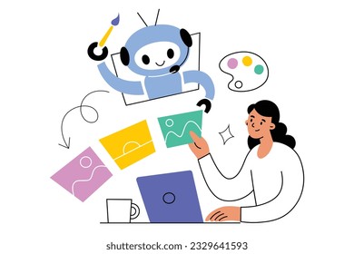 IA dibuja imágenes, genera ilustraciones para diseñadores, inteligencia artificial crea ilustraciones, persona con laptop toma dibujos de robots, composición dibujada a mano, ilustración vectorial