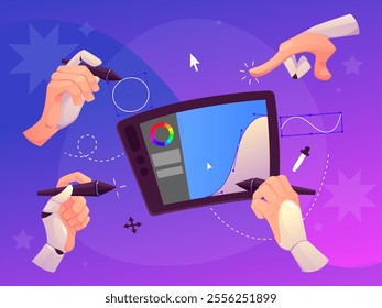 AI draws. Technological banner. Robot painting. Artificial intelligence creative idea. Designer gadget. Cyber technology. Futuristic robotics. Graphic design tools. Hands holding brush. Vector concept