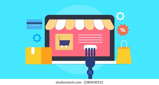 AI driven ecommerce platform, artificial intelligence for ecommerce marketing, Online shop, buy, sale product with AI driven tool - vector illustration with icons