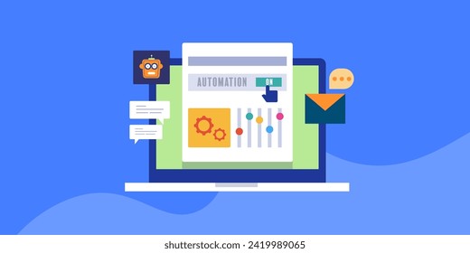 AI driven marketing software, Marketing automation software, Businesses managing campaigns using marketing automation software - vector illustration with icons