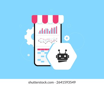 AI driven sales forecasting. E-commerce teams predict future trends by analyzing performance data. Comparing real results with AI driven sales forecasting for marketplace strategy vector illustration