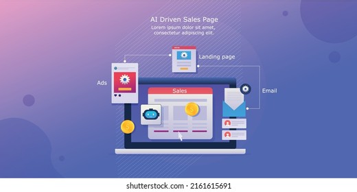 AI driven sales page, Sales page optimization, Application for website sales conversion, Ads, Email, Landing page - vector illustration with icons and texts