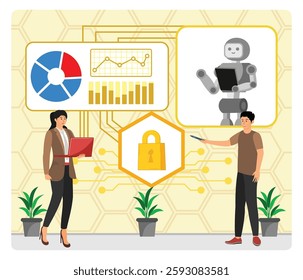 AI Driven Security Training. Professionals integrating technology, data analysis, and security, emphasizing collaboration with robotics. Flat vector modern illustration 