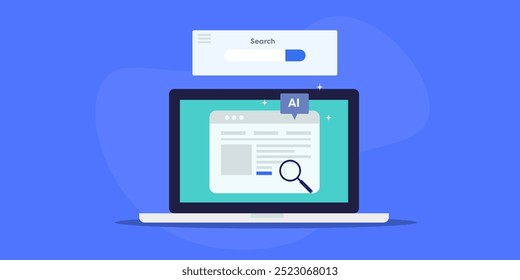 Estratégia de SEO orientada a IA, conteúdo de SEO gerado com IA, Marketing digital com tecnologia de IA, automação de SEO - ilustração vetorial com ícones