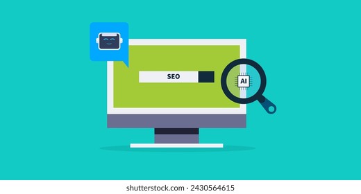 KI-getriebene SEO-Strategie, KI machen SEO-Strategie für digitales Marketing, Business mit künstlicher Intelligenz für SEO-Förderung, SEO-Optimierung - Vektorgrafik mit Icons