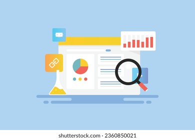 AI driven SEO tool, SEO software dashboard, Artificial intelligence SEO data analysis - Vector illustration with icons