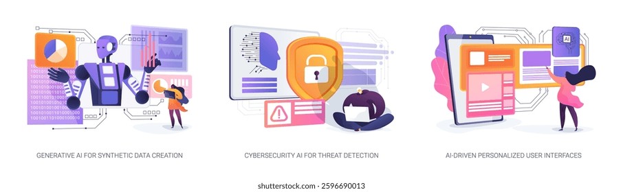 AI Driving Data, Security, and User Experience abstract concept vector illustration set. Synthetic data for AI training, real-time cyber threat prevention, adaptive user interfaces. abstract metaphor.