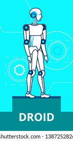 AI Droid Standing on Stage Flat Poster Template. Cartoon Robot Thin Line Illustration. Steel Humanoid Model at Exhibition. Sci-fi Cybernetic Machine. Artificial Intelligence Computerized Assistant