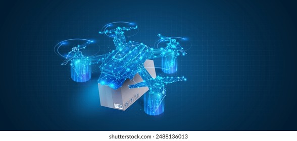 AI Drone Delivery Icon, Logistics Automation. Isolated Vector Blue Polygonal Drone with Package, Symbolizing Technology, and Innovation Concepts for Tech Projects. Vector illustration