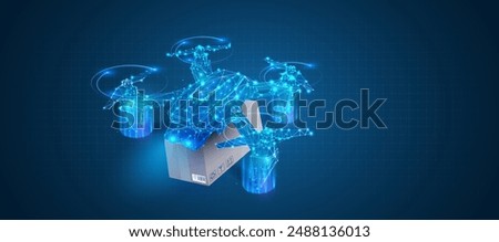 AI Drone Delivery Icon, Logistics Automation. Isolated Vector Blue Polygonal Drone with Package, Symbolizing Technology, and Innovation Concepts for Tech Projects. Vector illustration