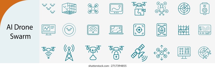 AI drone enxame e conjunto de ícones de linha de navegação autônoma, frota robótica coordenada e símbolos de vigilância aérea inteligente, ilustração vetorial plana