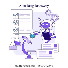 IA en el concepto de descubrimiento de medicamentos. Ilustración de un robot analizando datos y realizando investigaciones con un microscopio y tubos de ensayo. Integración de la IA en las innovaciones farmacéuticas. Ilustración vectorial.