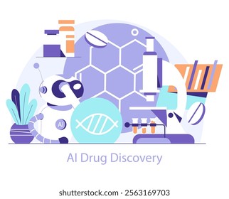 AI Drug Discovery concept. Robotics and advanced technology in pharmaceutical research. Machine learning for medical innovation. Vector illustration.