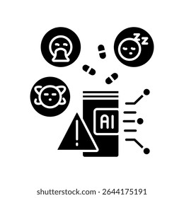  AI in drug monitoring black flat icon for digital and print projects.  Minimal clean icons for apps and websites. Modern simple icons for UI UX and branding