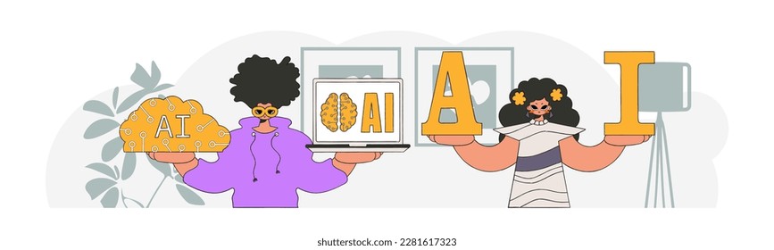 .AI duo Guy and girl in trendy style, illustrated as vector art.