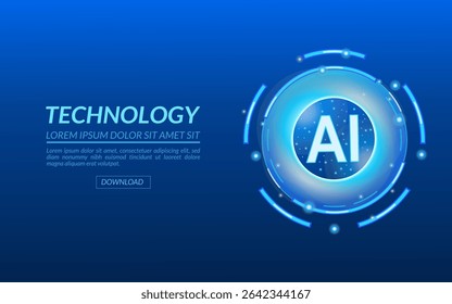 AI dynamic circular logo for digital innovation, showing a vibrant blue circular emblem with the acronym AI at its center with text, surrounded by glowing light effects and placed on an abstract