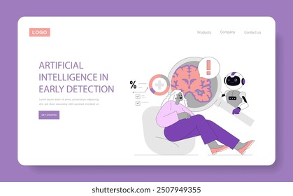 AI for Early Alzheimer's Detection concept. An elderly woman with a magnified brain scan reviewed by a robot represents technological strides in healthcare. Vector illustration.