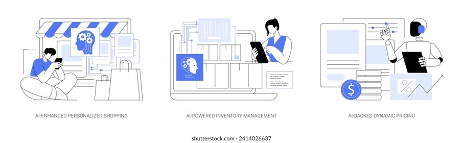 AI in E-commerce abstract concept vector illustration set. AI-Enhanced Personalized Shopping, purchase history, Inventory Management, AI-Backed Dynamic Pricing, market trends abstract metaphor.