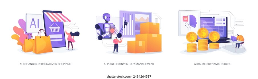 AI in E-commerce abstract concept vector illustration set. AI-Enhanced Personalized Shopping, purchase history, Inventory Management, AI-Backed Dynamic Pricing, market trends abstract metaphor.