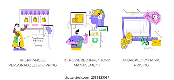 AI in E-commerce abstract concept vector illustration set. AI-Enhanced Personalized Shopping, purchase history, Inventory Management, AI-Backed Dynamic Pricing, market trends abstract metaphor.