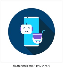  Ai in e-commerce flat icon. Smartphone, robot and shopping cart.Mobile technology and mobile sale data analytics. Retail business. 3d vector illustration