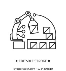 Ai in e-commerce icon. Robot handling order shipment and storage. Linear concept pictogram for internet retail service automation technology. Editable stroke vector illustration for logo and commerce 