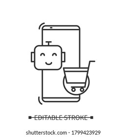 Ai in e-commerce icon. Smartphone, robot and shopping cart. Line concept pictogram for mobile technology and mobile sale data analytics. Editable vector illustration for logo, web and retail business 