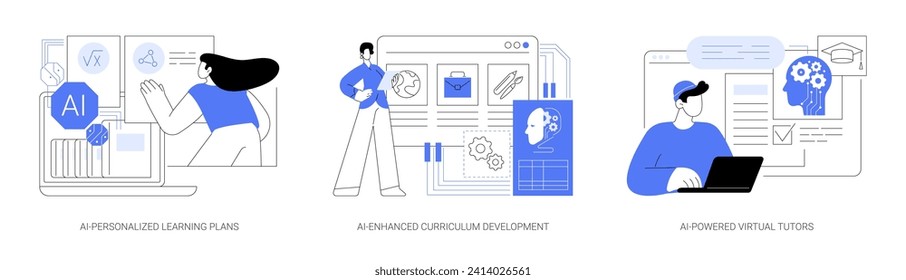 AI in Education abstract concept vector illustration set. AI-Personalized Learning Plans, AI-Enhanced Curriculum content Development, AI-Powered Virtual Tutors, lesson planning, abstract metaphor.