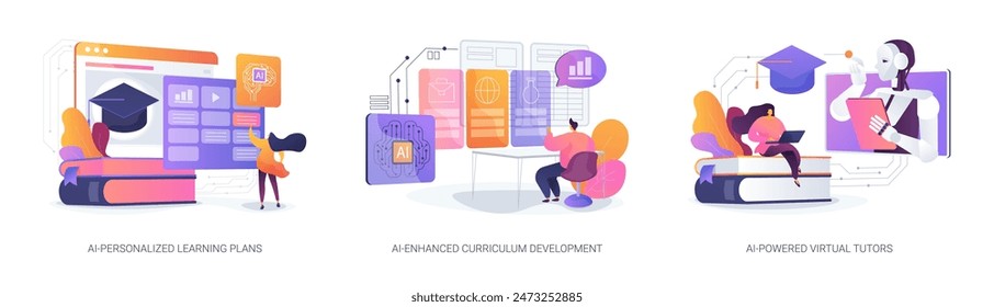 AI in Education abstract concept vector illustration set. AI-Personalized Learning Plans, AI-Enhanced Curriculum content Development, AI-Powered Virtual Tutors, lesson planning, abstract metaphor.