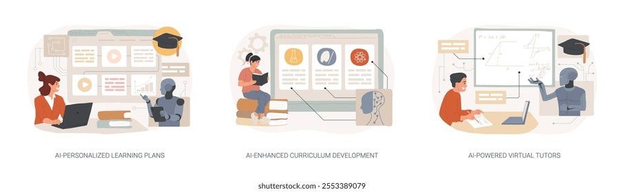 AI in Education abstract concept vector illustration set. AI-Personalized Learning Plans, AI-Enhanced Curriculum content Development, AI-Powered Virtual Tutors, lesson planning, abstract metaphor.