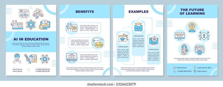 AI en la educación plantilla de folleto azul, diseño de folletos con iconos lineales. 4 diseños vectoriales que representan el aprendizaje futurista.