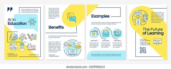 AI in education blue and yellow brochure template, cover design with linear icons. 4 vector layouts representing future of learning.