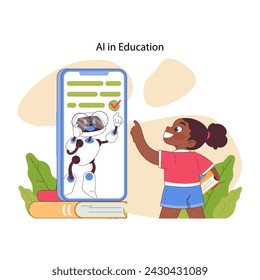 AI in Education concept. A cheerful student interacts with a virtual AI tutor on a smartphone, symbolizing modern learning. Flat vector illustration