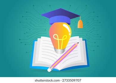 IA na educação e conceito de aprendizagem criativa. Lâmpada luminosa brilhante com tampa de graduação em livro e lápis sobre linhas de circuitos digitais. Simboliza a aprendizagem automática e a futura tecnologia da sala de aula.