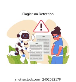 AI in education detecting plagiarism. A robot points out duplication in a student's essay, emphasizing academic honesty. Flat vector illustration.