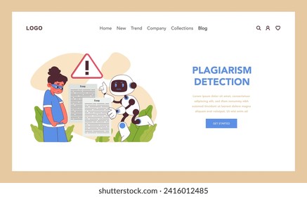 AI im Bildungswesen, die Plagiaten erkennen. Ein Roboter weist in einem Studentenaufsatz auf Doppelarbeit hin und betont die Ehrlichkeit der Akademiker. Flache Vektorgrafik.