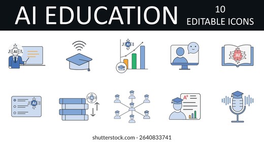 AI in Education and E-Learning icon sheet featuring AI tutor, student data flow, smart book, quiz panel, chatbot class, graduation cap, learning graph, voice assistant, performance dashboard