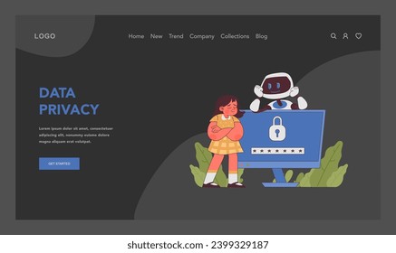 AI in education emphasizes data privacy, with a robot demonstrating secure password protection to a young student. Flat vector illustration