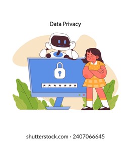 AI in education emphasizes data privacy, with a robot demonstrating secure password protection to a young student. Flat vector illustration