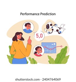 La IA en la educación facilita la predicción del desempeño, con un robot que ilustra la analítica a los profesores para el logro de los estudiantes. Ilustración vectorial plana