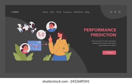 AI in education facilitates performance prediction, with a robot illustrating analytics to teachers for student achievement. Flat vector illustration