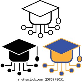 AI Education Icon set– Graduation Cap with Circuit Lines for Digital Learning, Online Education, and Artificial Intelligence with Transparent Background.